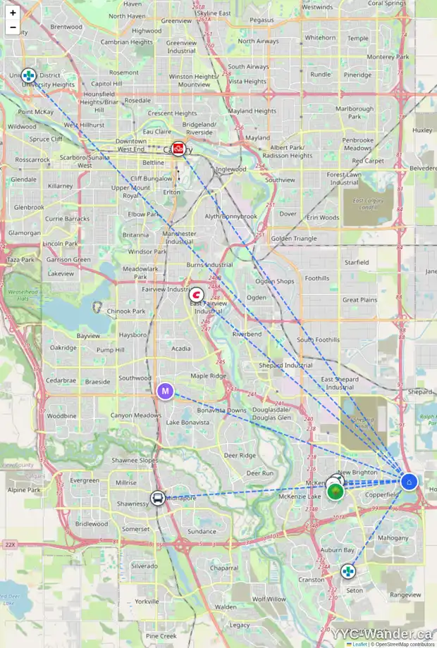 Daily accessibility map for 90 COPPERPOND ST SE, Calgary showing nearby schools, grocery stores, parks, LRT stations and nearby amenities