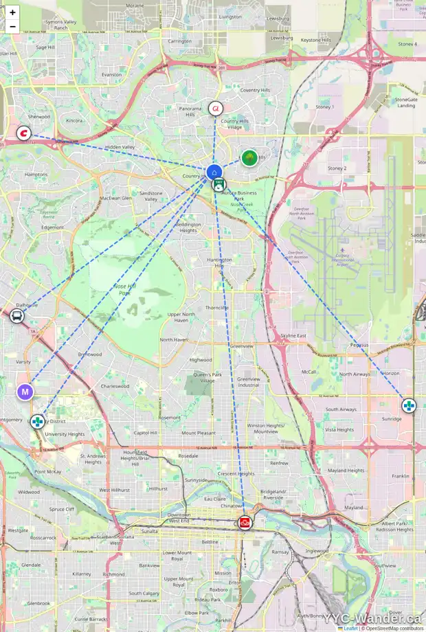 Daily accessibility map for 60 COUNTRY HILLS CV NW, Calgary showing nearby schools, grocery stores, parks, LRT stations and nearby amenities