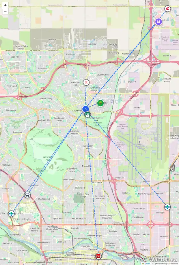 Daily accessibility map for 62 COUNTRY HILLS CV NW, Calgary showing nearby schools, grocery stores, parks, LRT stations and nearby amenities