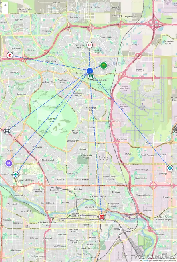 Daily accessibility map for 78 COUNTRY HILLS CV NW, Calgary showing nearby schools, grocery stores, parks, LRT stations and nearby amenities