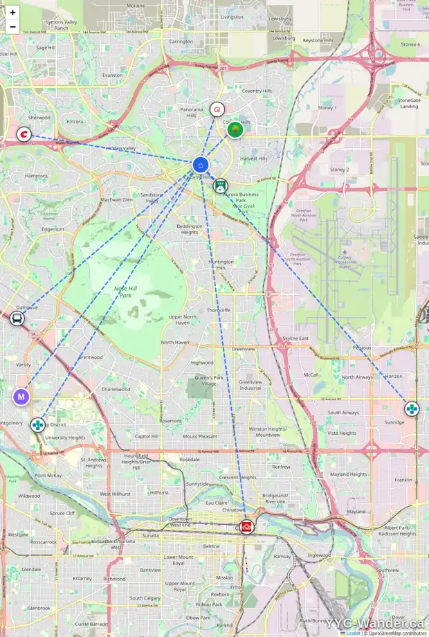 Daily accessibility map for 106 20 COUNTRY HILLS VW NW, Calgary showing nearby schools, grocery stores, parks, LRT stations and nearby amenities
