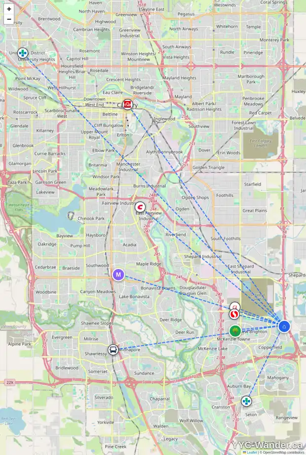 Daily accessibility map for 665 COPPERPOND BV SE, Calgary showing nearby schools, grocery stores, parks, LRT stations and nearby amenities