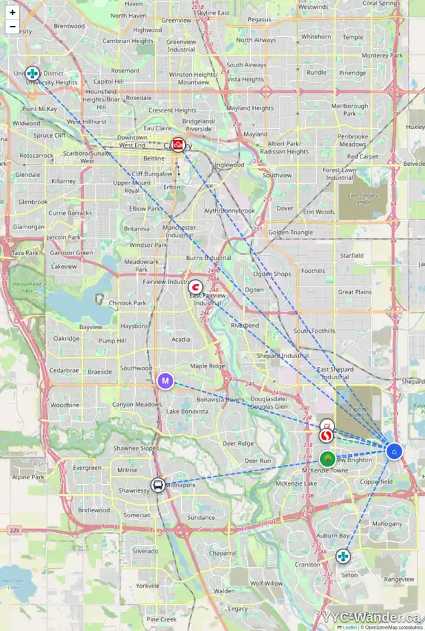Daily accessibility map for 107 COPPERPOND CV SE, Calgary showing nearby schools, grocery stores, parks, LRT stations and nearby amenities
