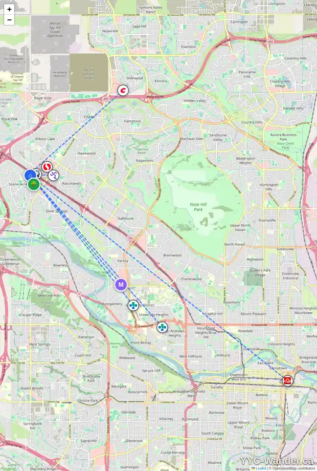 Daily accessibility map for 63 SCOTIA LD NW, Calgary showing nearby schools, grocery stores, parks, LRT stations and nearby amenities