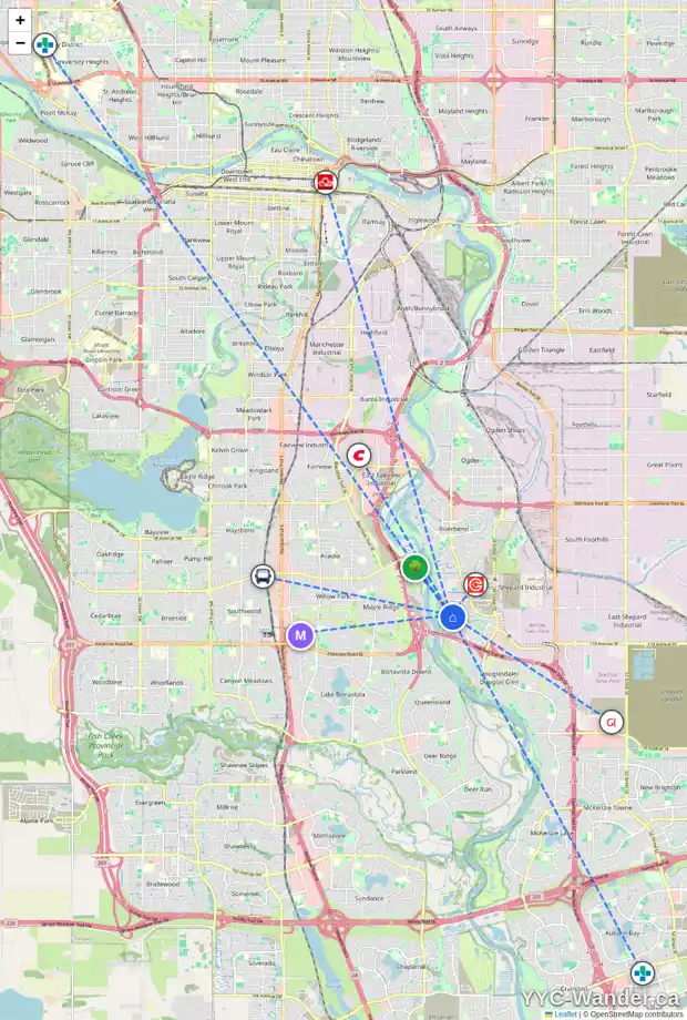 Daily accessibility map for 25 QUARRY HT SE, Calgary showing nearby schools, grocery stores, parks, LRT stations and nearby amenities