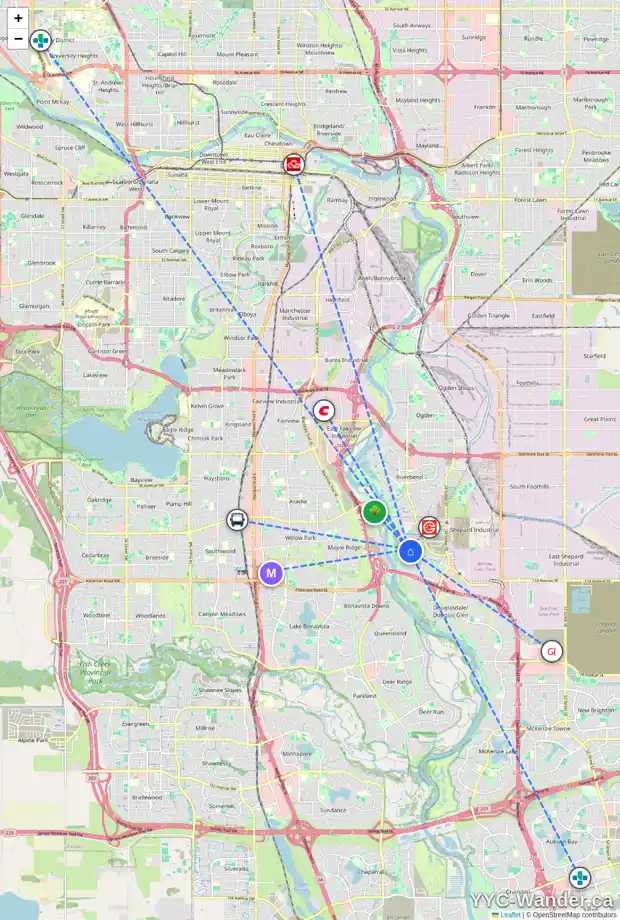 Daily accessibility map for 32 QUARRY GD SE, Calgary showing nearby schools, grocery stores, parks, LRT stations and nearby amenities