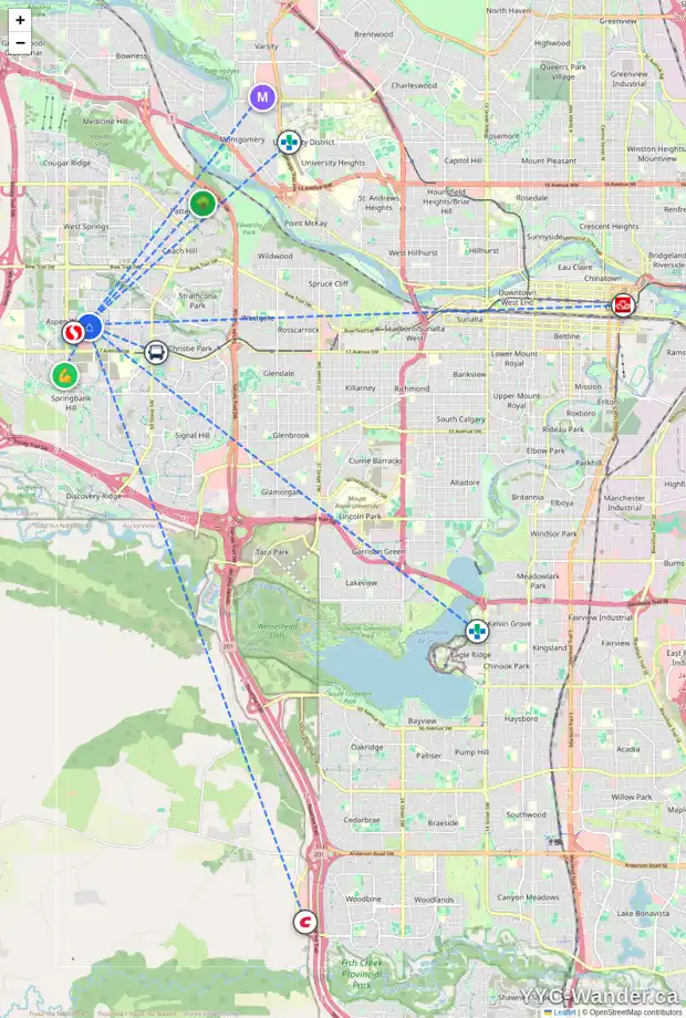 Daily accessibility map for 145 ASPEN SUMMIT DR SW, Calgary showing nearby schools, grocery stores, parks, LRT stations and nearby amenities