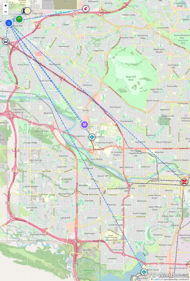Daily accessibility map for 262 ROYAL ABBEY CO NW, Calgary showing nearby schools, grocery stores, parks, LRT stations and nearby amenities