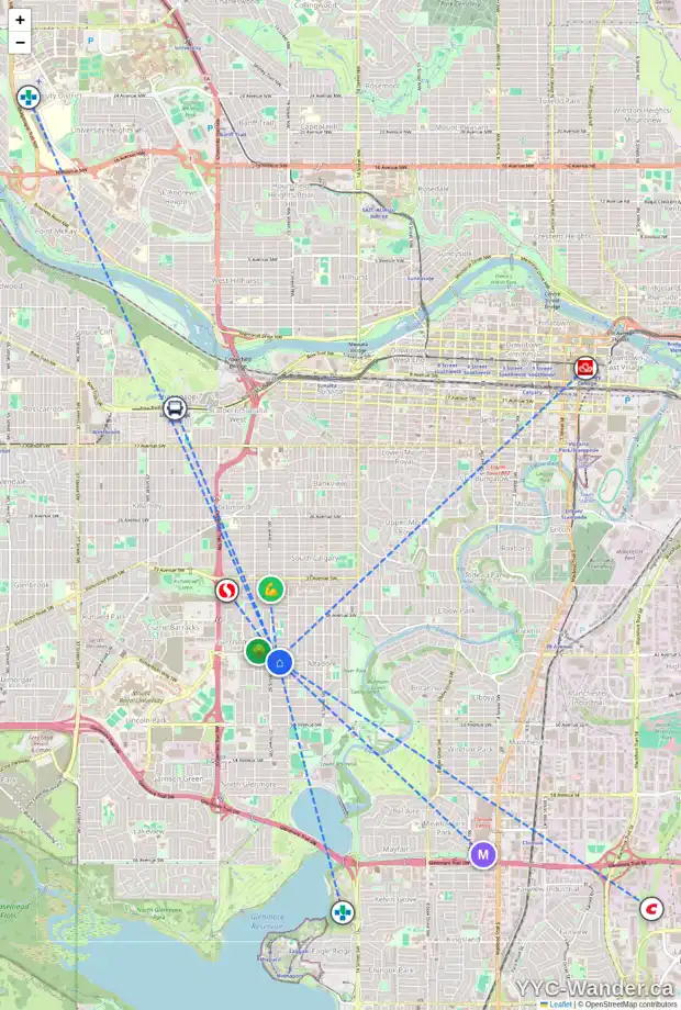 Daily accessibility map for 2032 43 AV SW, Calgary showing nearby schools, grocery stores, parks, LRT stations and nearby amenities