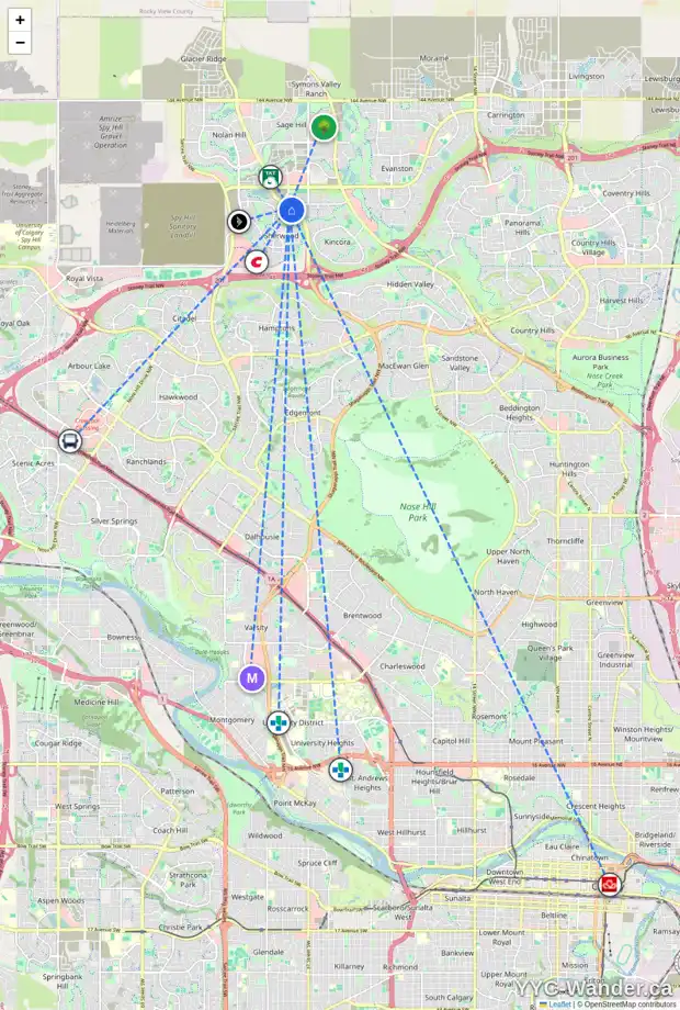Daily accessibility map for 52 SHERWOOD SQ NW, Calgary showing nearby schools, grocery stores, parks, LRT stations and nearby amenities