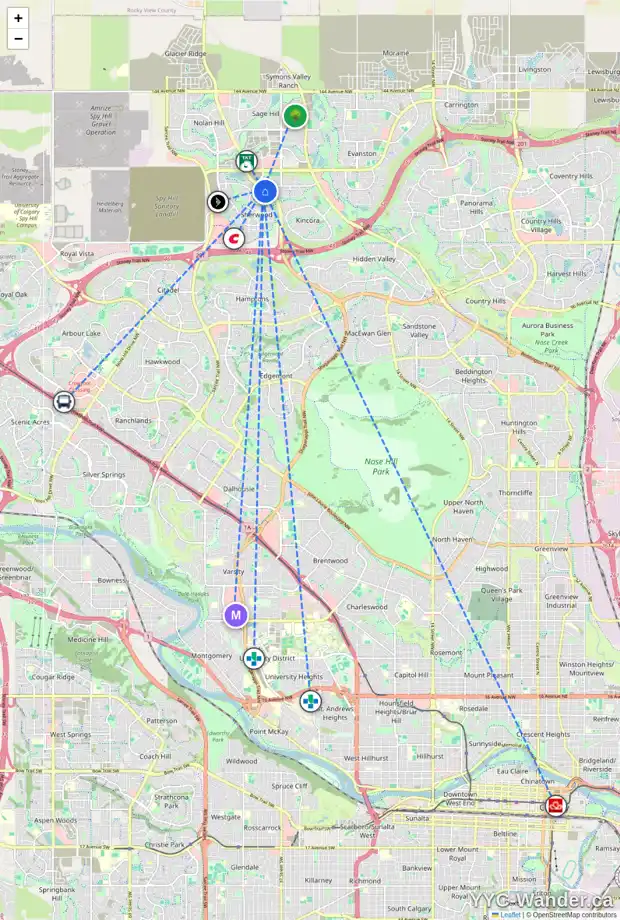 Daily accessibility map for 56 SHERWOOD SQ NW, Calgary showing nearby schools, grocery stores, parks, LRT stations and nearby amenities