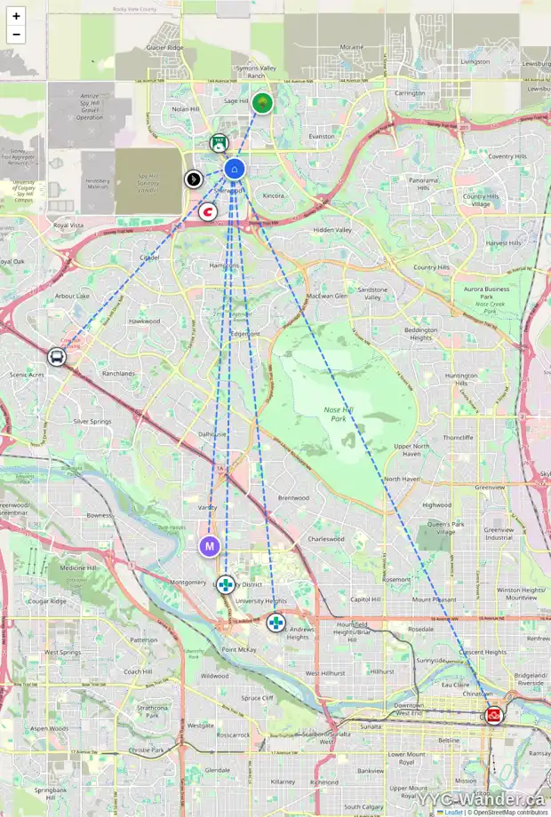 Daily accessibility map for 72 SHERWOOD SQ NW, Calgary showing nearby schools, grocery stores, parks, LRT stations and nearby amenities
