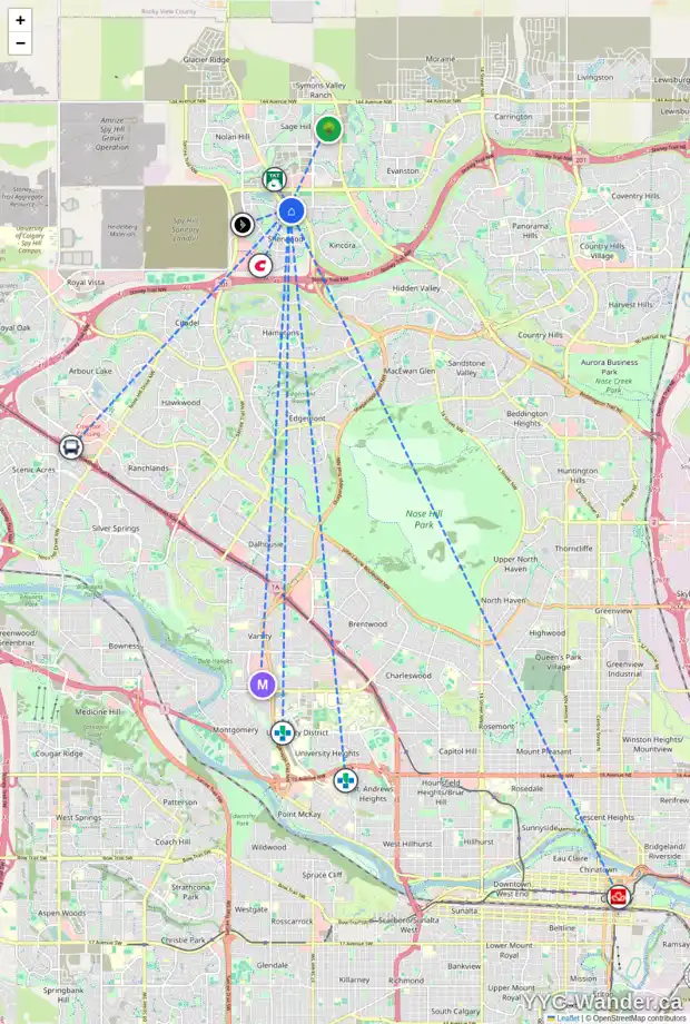 Daily accessibility map for 92 SHERWOOD SQ NW, Calgary showing nearby schools, grocery stores, parks, LRT stations and nearby amenities