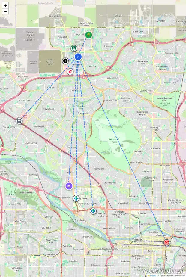 Daily accessibility map for 104 SHERWOOD SQ NW, Calgary showing nearby schools, grocery stores, parks, LRT stations and nearby amenities