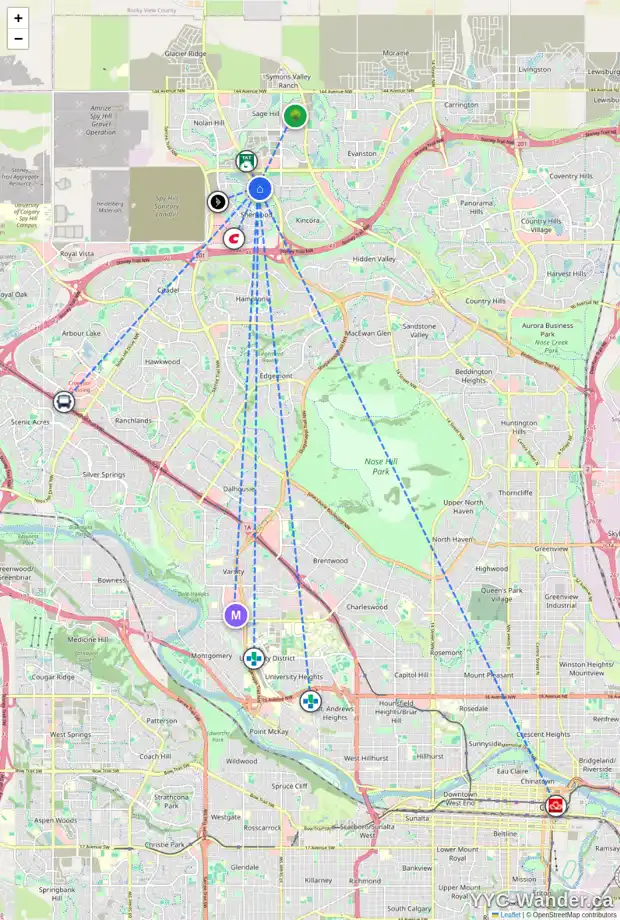 Daily accessibility map for 108 SHERWOOD SQ NW, Calgary showing nearby schools, grocery stores, parks, LRT stations and nearby amenities