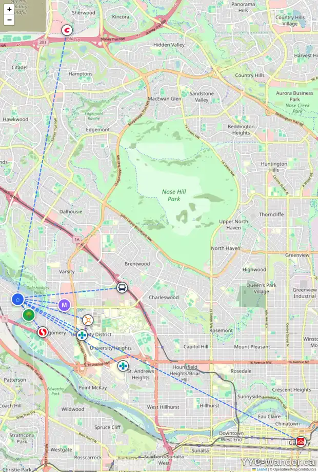 Daily accessibility map for 8 6203 BOWNESS RD NW, Calgary showing nearby schools, grocery stores, parks, LRT stations and nearby amenities