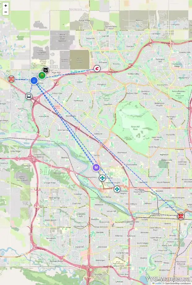 Daily accessibility map for 129 ROYAL ABBEY CO NW, Calgary showing nearby schools, grocery stores, parks, LRT stations and nearby amenities