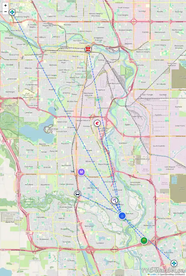 Daily accessibility map for 112 DEERBOW CI SE, Calgary showing nearby schools, grocery stores, parks, LRT stations and nearby amenities