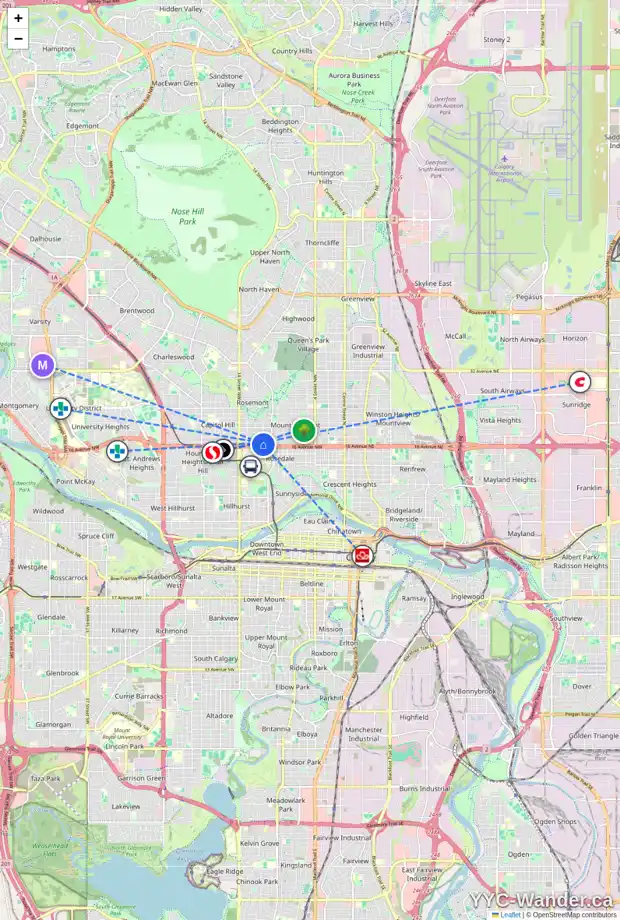Daily accessibility map for 1 1211 17 AV NW, Calgary showing nearby schools, grocery stores, parks, LRT stations and nearby amenities