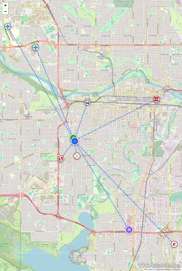 Daily accessibility map for 1 2018 27 AV SW, Calgary showing nearby schools, grocery stores, parks, LRT stations and nearby amenities