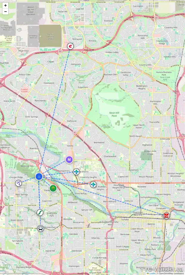 Daily accessibility map for 407 PATTERSON BV SW, Calgary showing nearby schools, grocery stores, parks, LRT stations and nearby amenities