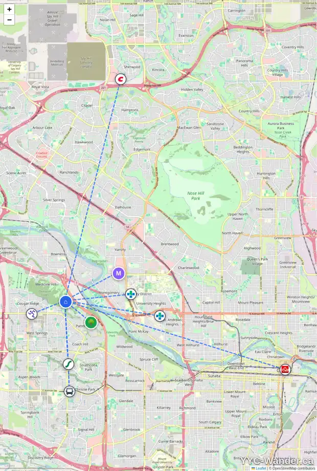 Daily accessibility map for 419 PATTERSON BV SW, Calgary showing nearby schools, grocery stores, parks, LRT stations and nearby amenities