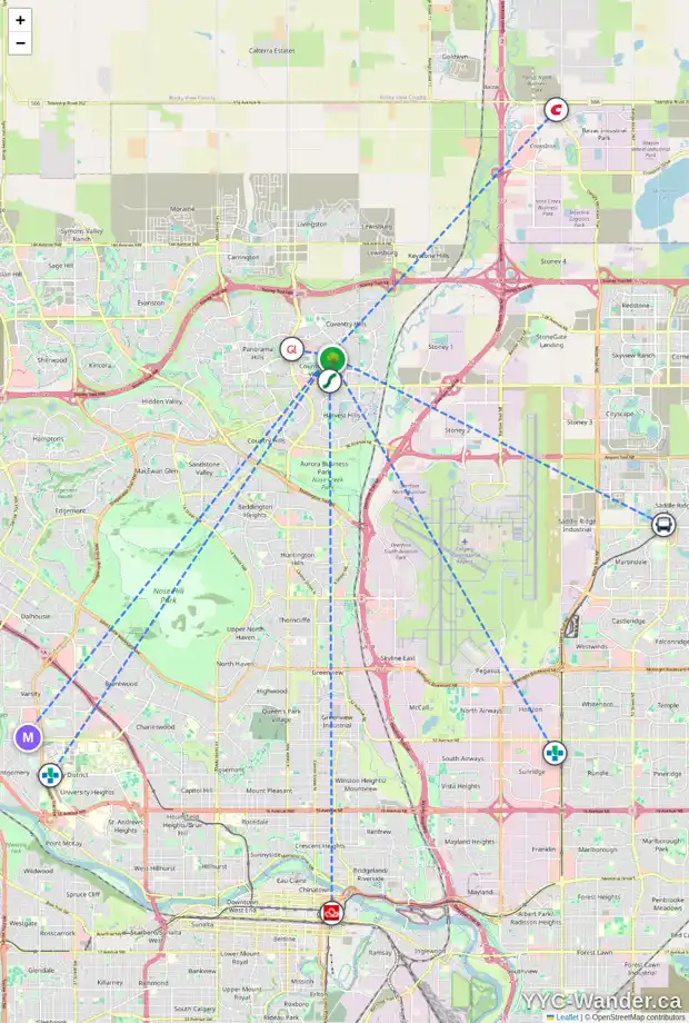 Daily accessibility map for 3108 10 COUNTRY VILLAGE PA NE, Calgary showing nearby schools, grocery stores, parks, LRT stations and nearby amenities