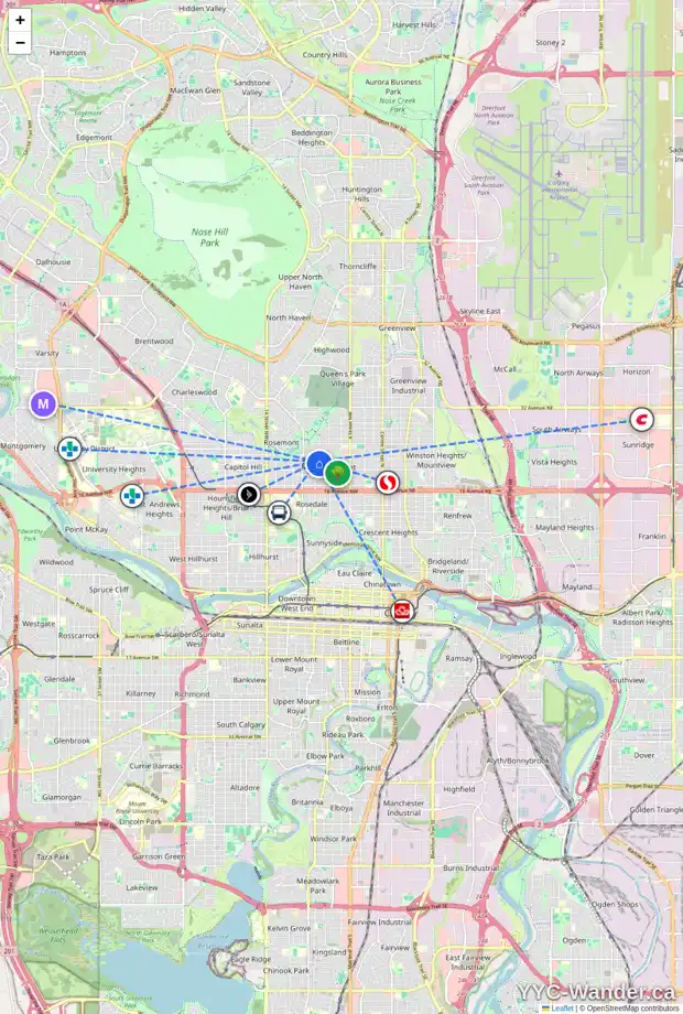 Daily accessibility map for 831 22 AV NW, Calgary showing nearby schools, grocery stores, parks, LRT stations and nearby amenities