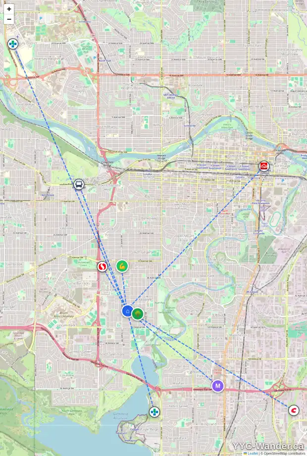 Daily accessibility map for 2018 46 AV SW, Calgary showing nearby schools, grocery stores, parks, LRT stations and nearby amenities