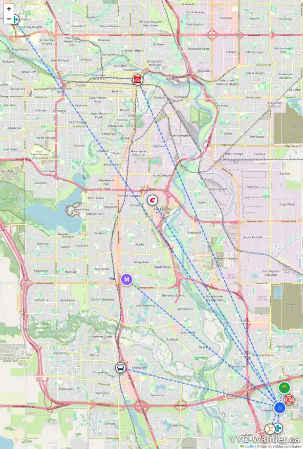 Daily accessibility map for 24 AUBURN SPRINGS CV SE, Calgary showing nearby schools, grocery stores, parks, LRT stations and nearby amenities