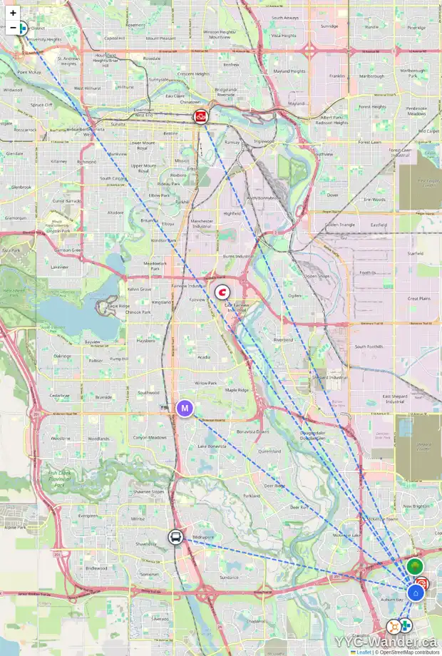 Daily accessibility map for 48 AUBURN MEADOWS BV SE, Calgary showing nearby schools, grocery stores, parks, LRT stations and nearby amenities