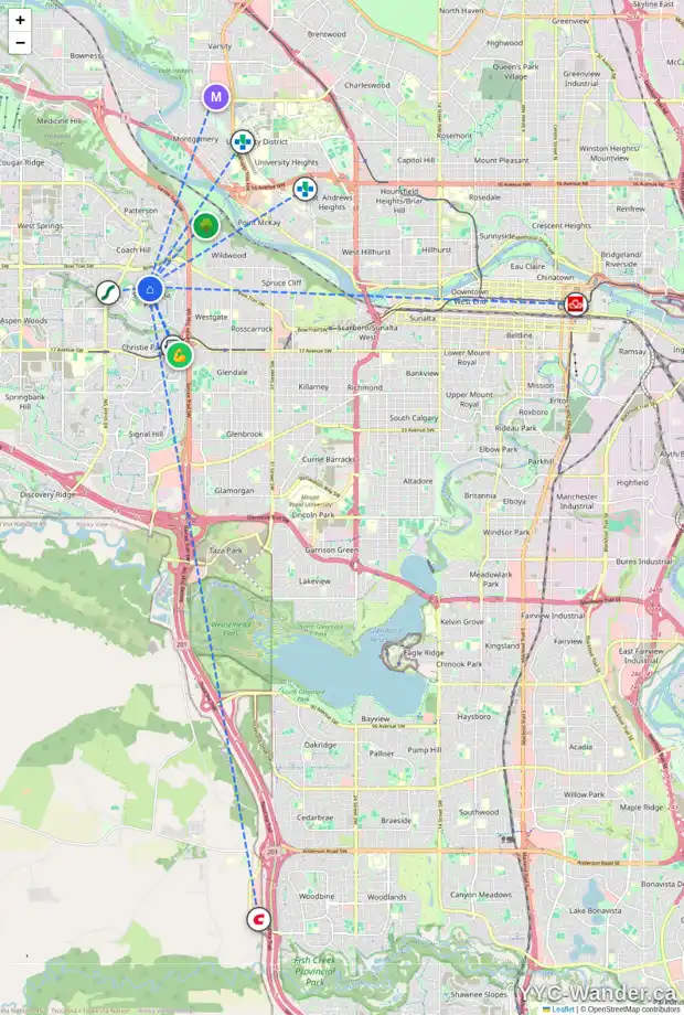 Daily accessibility map for 15 STRATFORD PL SW, Calgary showing nearby schools, grocery stores, parks, LRT stations and nearby amenities