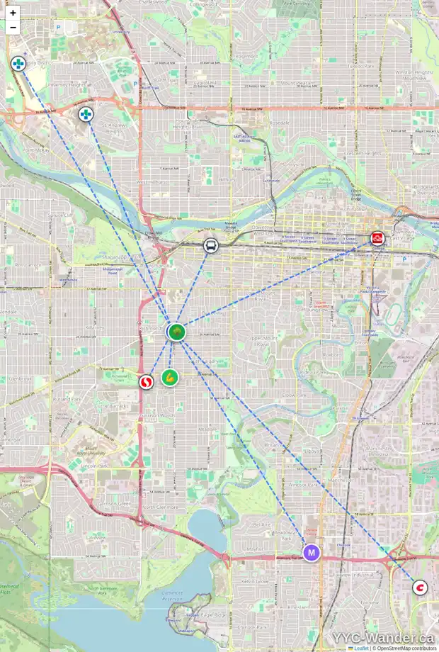 Daily accessibility map for 2615 20 ST SW, Calgary showing nearby schools, grocery stores, parks, LRT stations and nearby amenities
