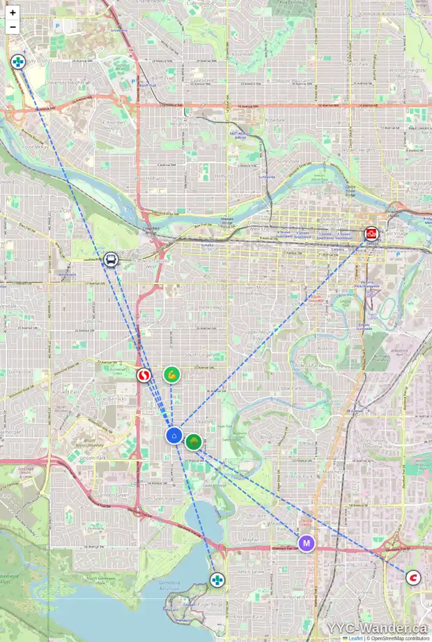 Daily accessibility map for 2047 45 AV SW, Calgary showing nearby schools, grocery stores, parks, LRT stations and nearby amenities