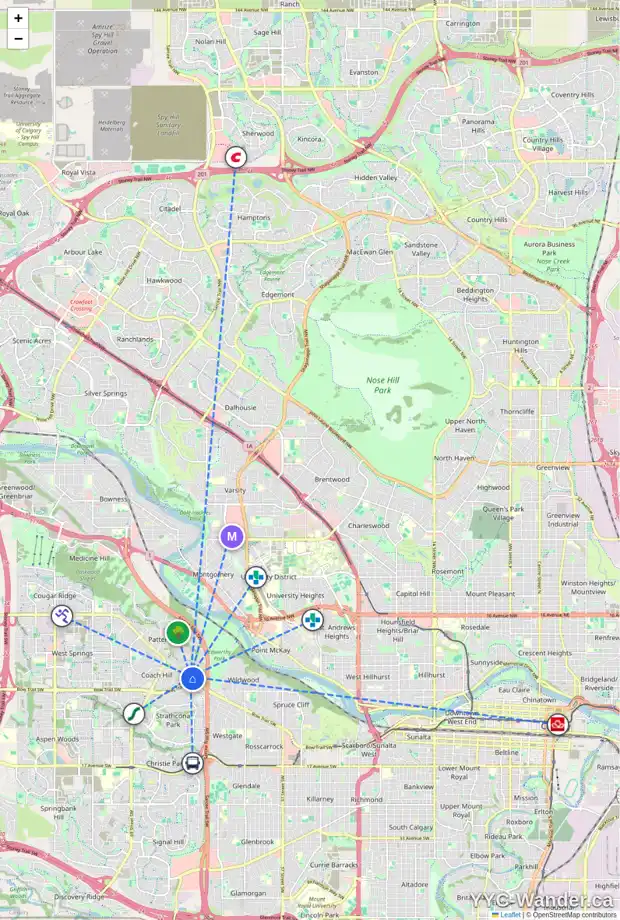Daily accessibility map for 5639 COACH HILL RD SW, Calgary showing nearby schools, grocery stores, parks, LRT stations and nearby amenities