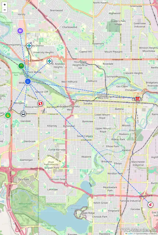 Daily accessibility map for 174 WILDWOOD DR SW, Calgary showing nearby schools, grocery stores, parks, LRT stations and nearby amenities
