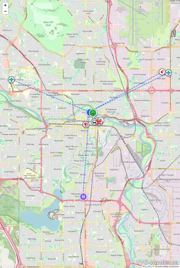 Daily accessibility map for 331 222 RIVERFRONT AV SW, Calgary showing nearby schools, grocery stores, parks, LRT stations and nearby amenities