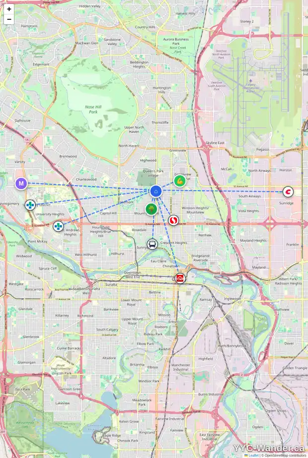 Daily accessibility map for 3108 4A ST NW, Calgary showing nearby schools, grocery stores, parks, LRT stations and nearby amenities