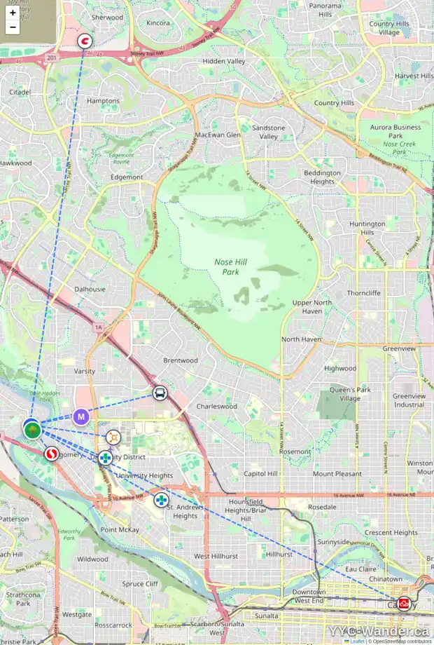 Daily accessibility map for 11 5803 BOW CR NW, Calgary showing nearby schools, grocery stores, parks, LRT stations and nearby amenities