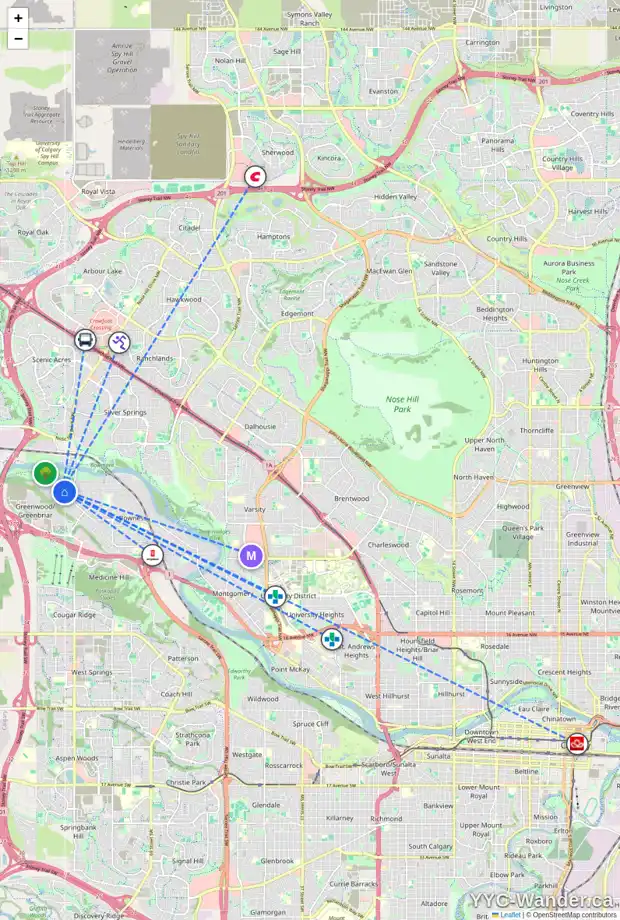 Daily accessibility map for 8819 47 AV NW, Calgary showing nearby schools, grocery stores, parks, LRT stations and nearby amenities