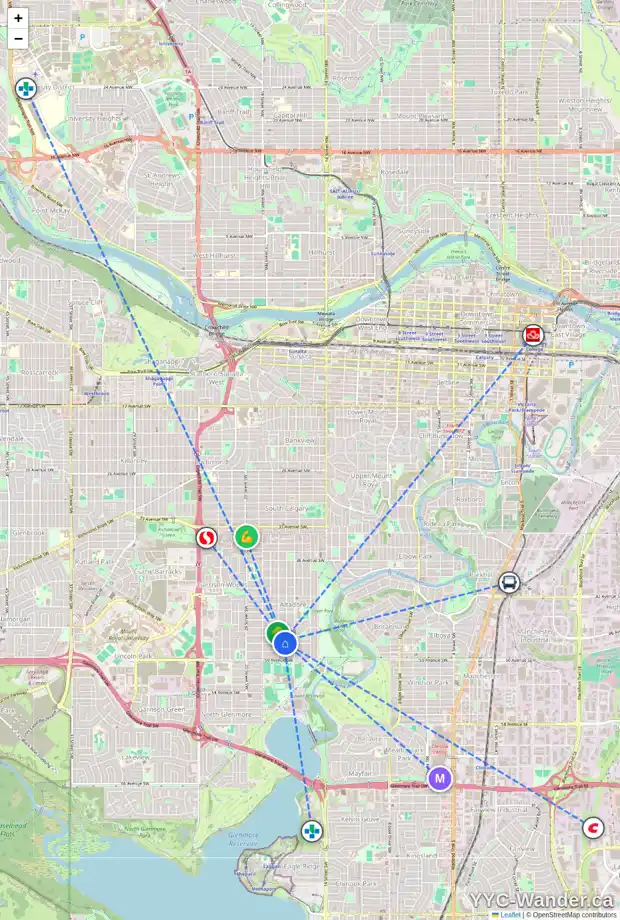 Daily accessibility map for 1736 48 AV SW, Calgary showing nearby schools, grocery stores, parks, LRT stations and nearby amenities