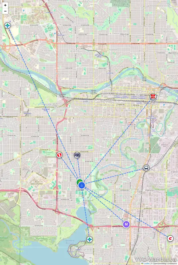 Daily accessibility map for 1738 48 AV SW, Calgary showing nearby schools, grocery stores, parks, LRT stations and nearby amenities