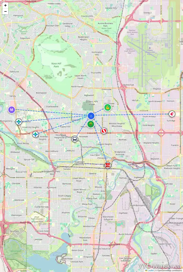Daily accessibility map for 615 29 AV NW, Calgary showing nearby schools, grocery stores, parks, LRT stations and nearby amenities