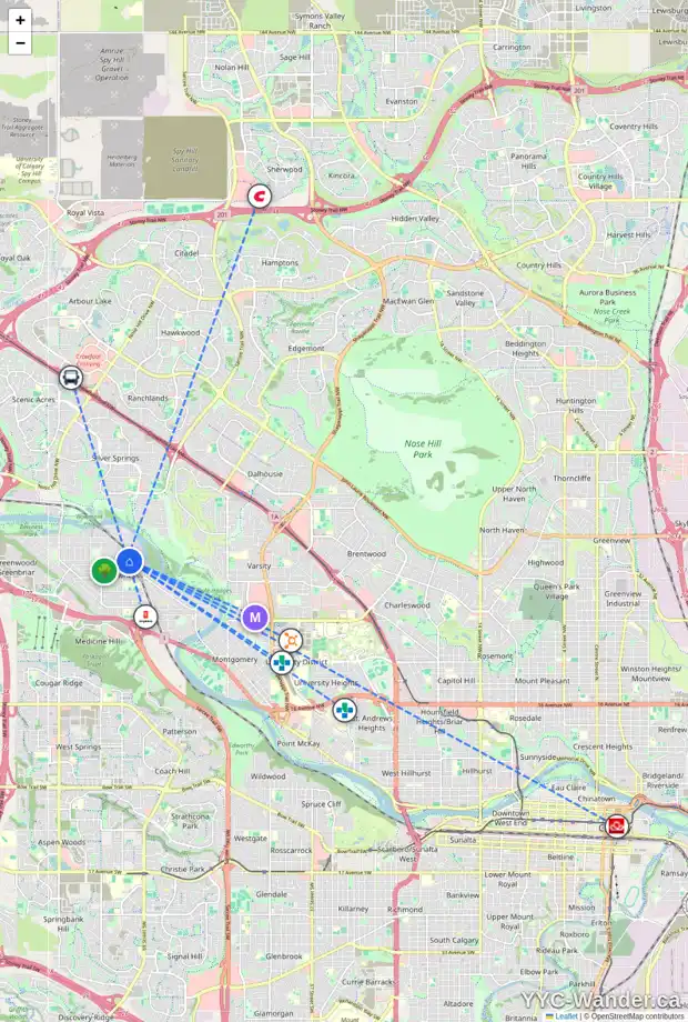 Daily accessibility map for 7023 44 AV NW, Calgary showing nearby schools, grocery stores, parks, LRT stations and nearby amenities