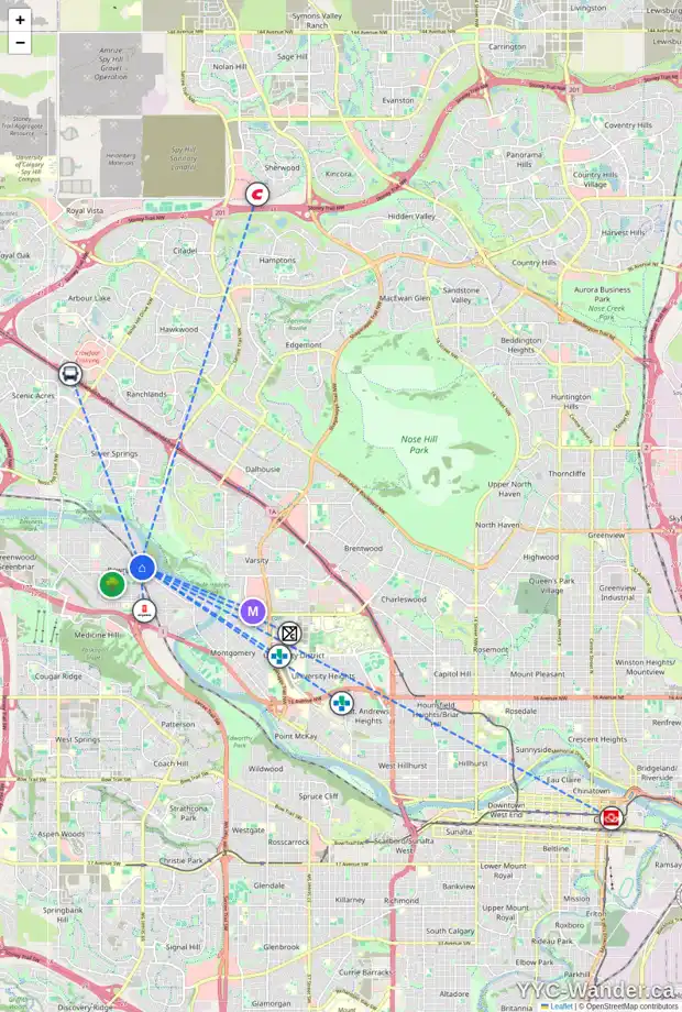 Daily accessibility map for 4127 67 ST NW, Calgary showing nearby schools, grocery stores, parks, LRT stations and nearby amenities