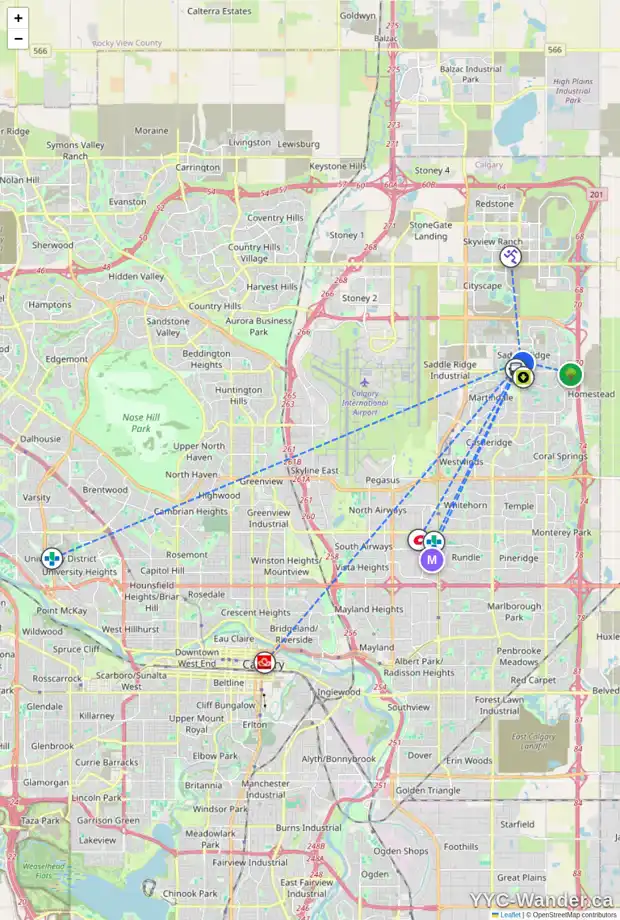 Daily accessibility map for 105 SADDLEMEAD RD NE, Calgary showing nearby schools, grocery stores, parks, LRT stations and nearby amenities