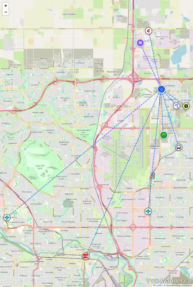 Daily accessibility map for 152 REDSTONE VI NE, Calgary showing nearby schools, grocery stores, parks, LRT stations and nearby amenities