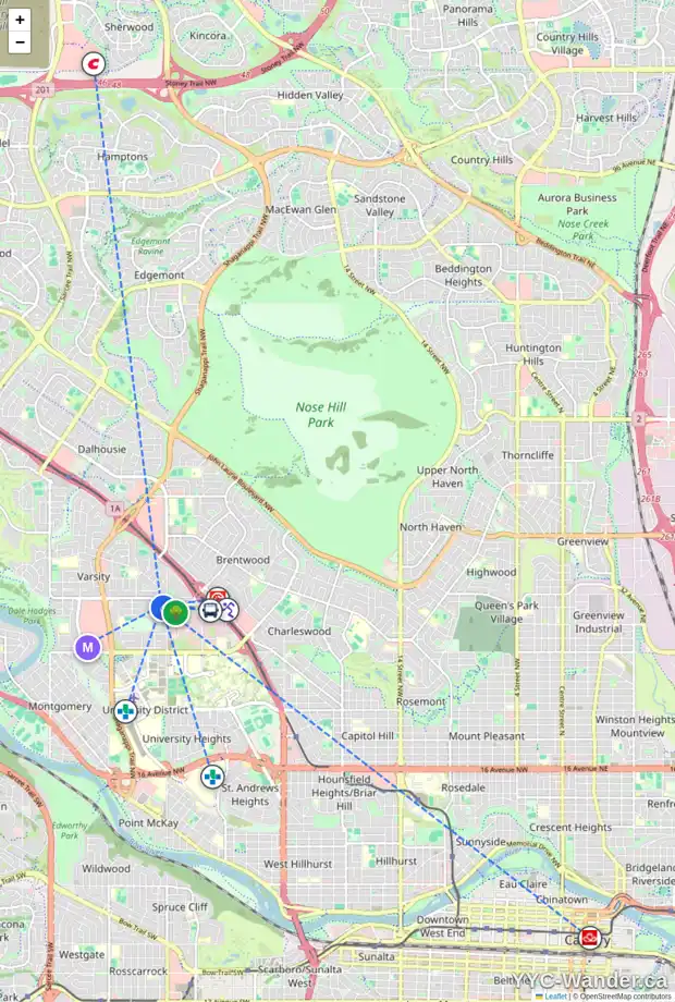 Daily accessibility map for 10 VARCREST PL NW, Calgary showing nearby schools, grocery stores, parks, LRT stations and nearby amenities