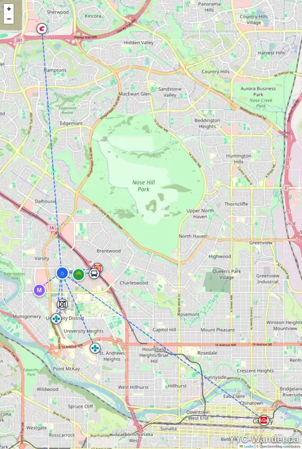 Daily accessibility map for 8 VARSPLAIN PL NW, Calgary showing nearby schools, grocery stores, parks, LRT stations and nearby amenities
