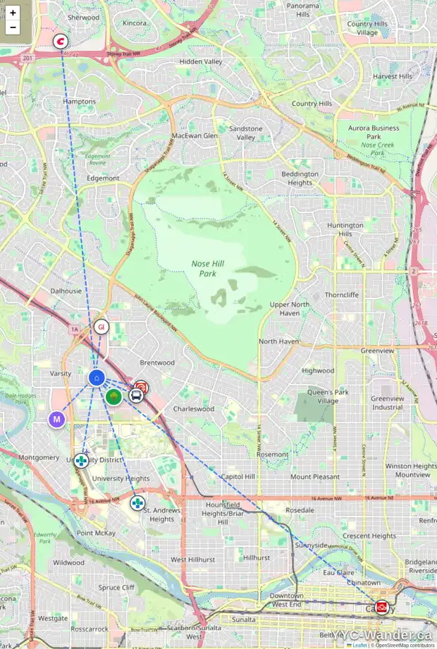 Daily accessibility map for 3915 VARSITY DR NW, Calgary showing nearby schools, grocery stores, parks, LRT stations and nearby amenities